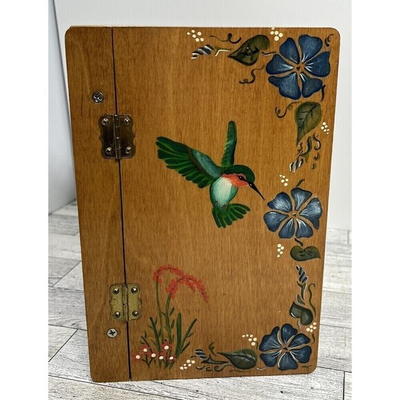 Hand Painted Hummingbird & Flowers On Hand Made Wooden Box 9x6 Jewelry / Recipe - Picture 1 of 16